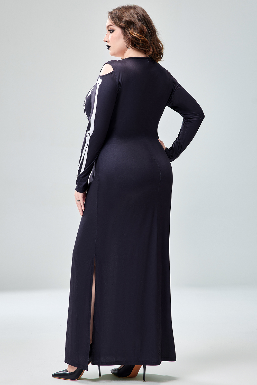 Xpluswear Design Plus Size Casual Halloween Costume Gothic Black Round Neck Long Sleeve Skeleton Print Knitted Maxi Dress