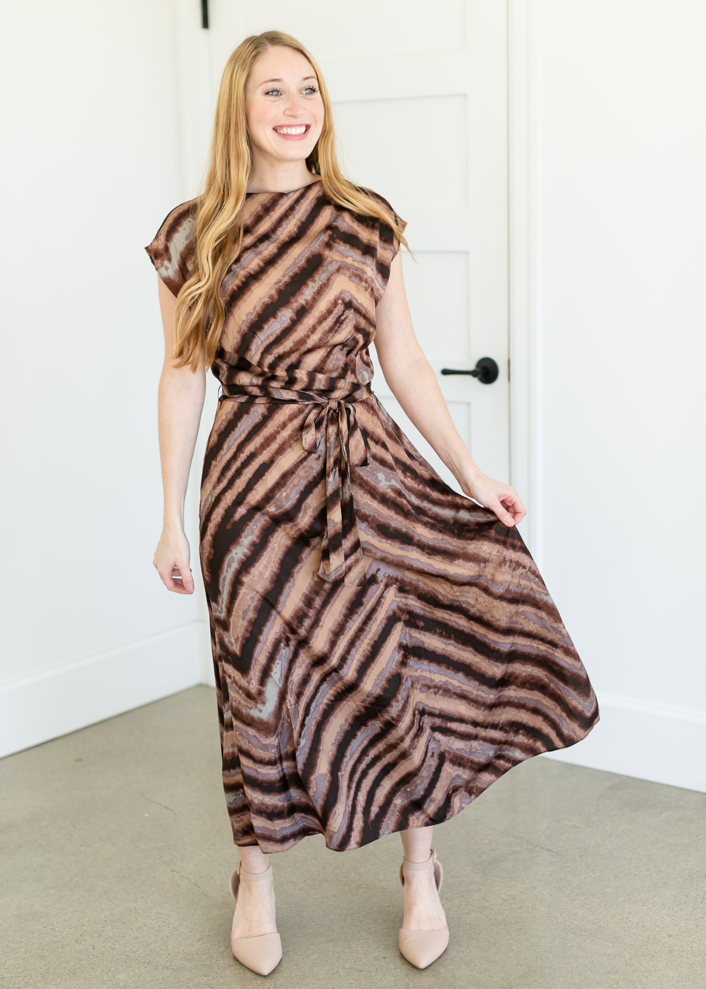 Draped Front Satin Print Midi Dress