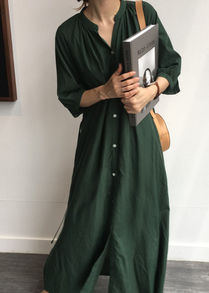 Vintage Tea Green side open Cotton shirt long Dress Half Sleeve