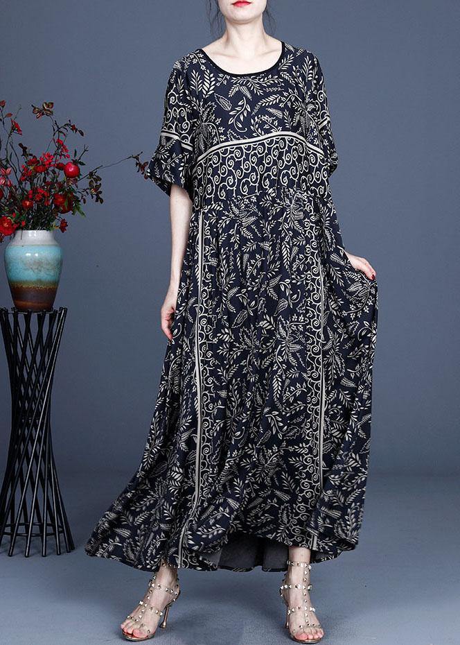 Women Black O-Neck Vintage Summer Silk Blended Maxi Dresses
