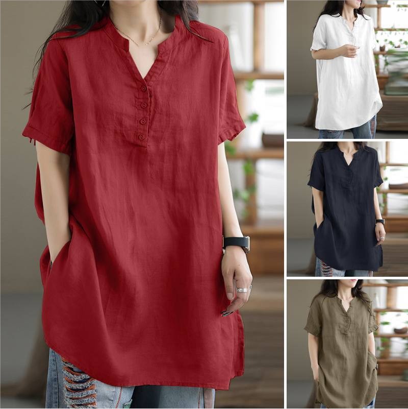 Women Summer Cotton Linen Tops Oversized Casual Short Sleeve V Neck