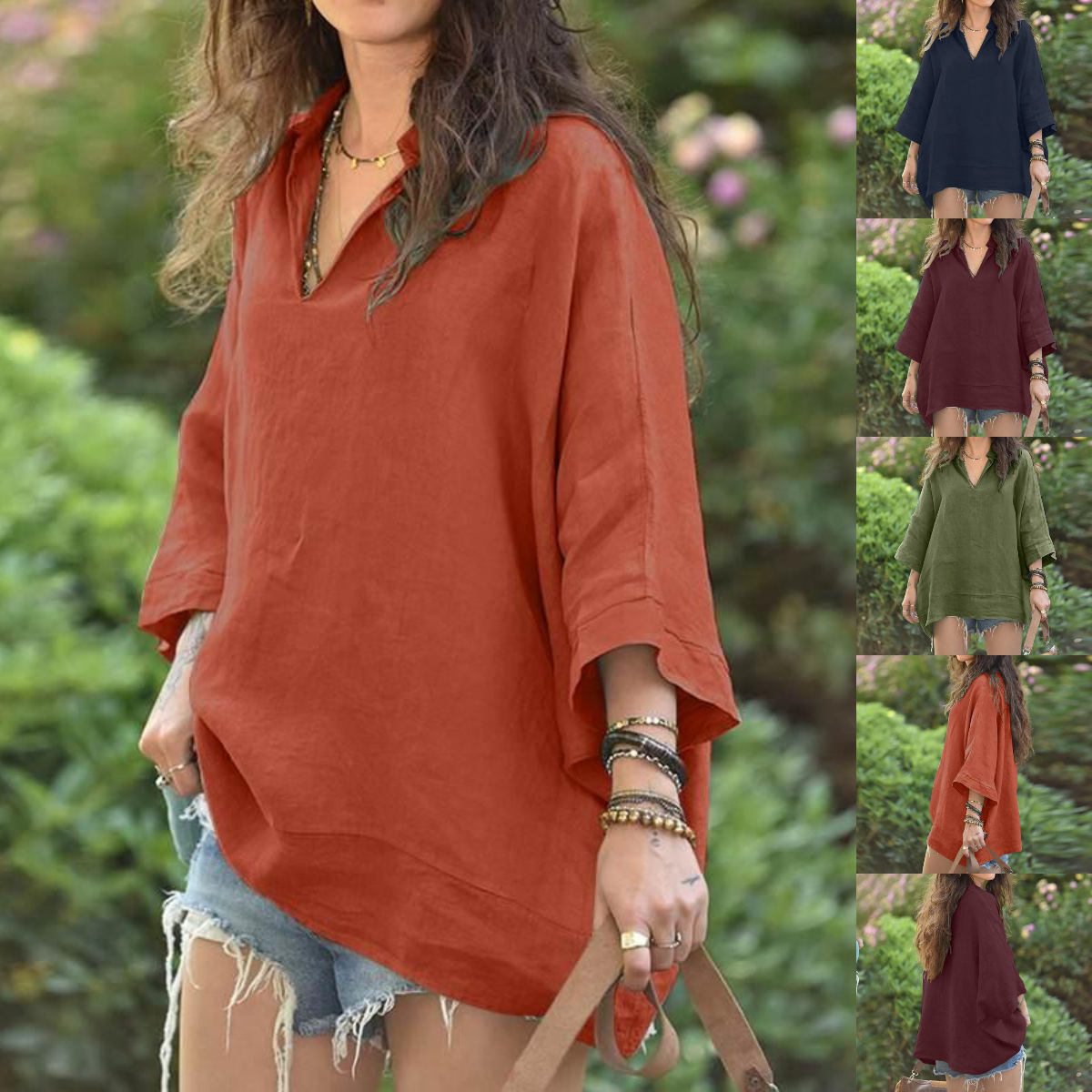 2023 autumn new product V-neck lapel solid color mid-sleeved cotton and linen shirt