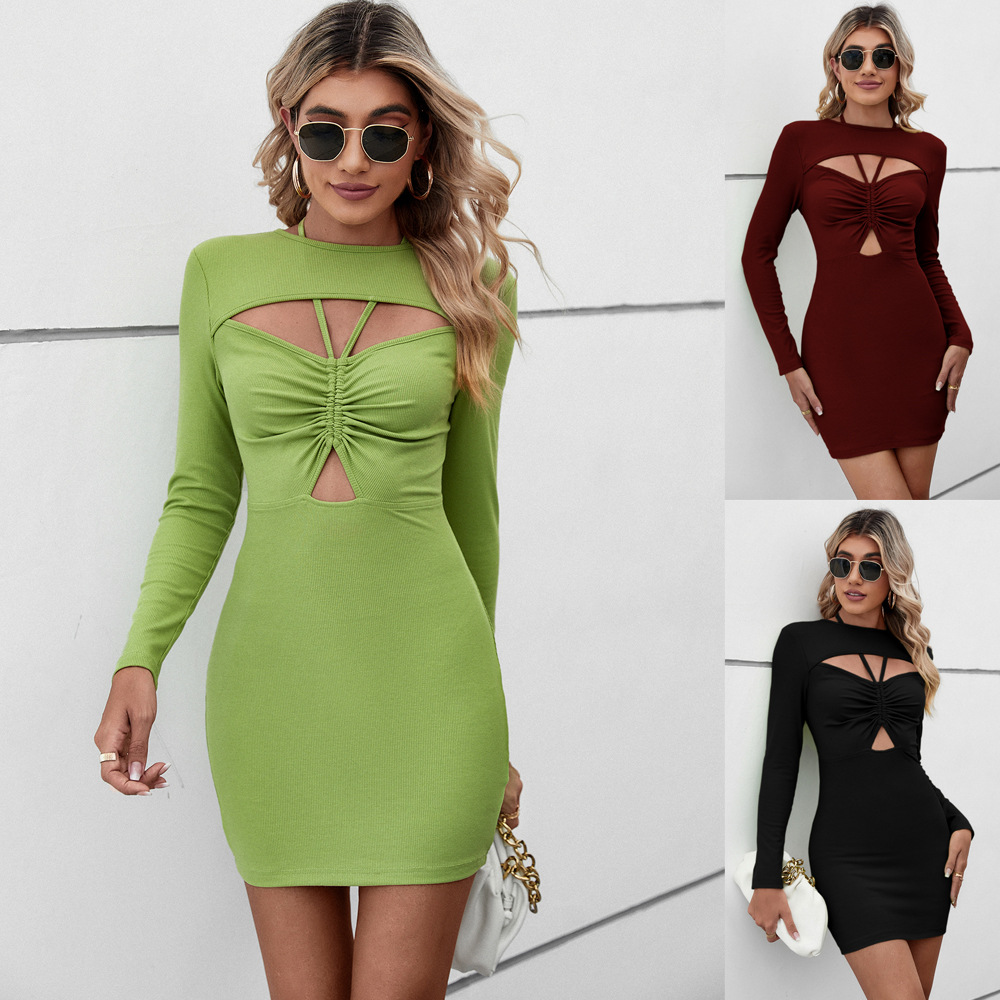 Casual Halter Neck Hollow Package Hip Short Long Sleeve Dress