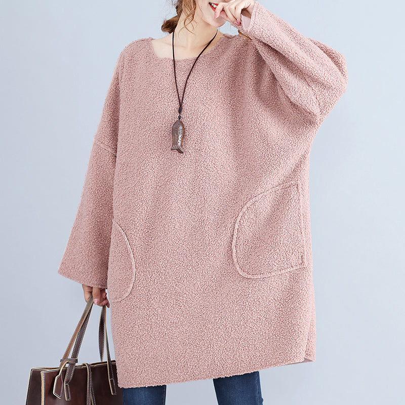fashion warm pink corduroy mid shift dresses oversize big pockets knit dress