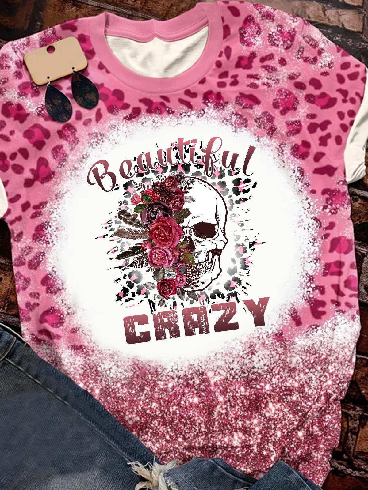 Women's Crew Neck Leopard Skull Print Top