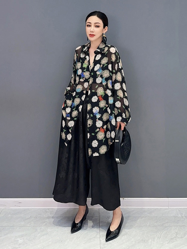 Butterfly & Floral Long Sleeve Blouse Top & Wide Leg Trousers 2-Piece Set