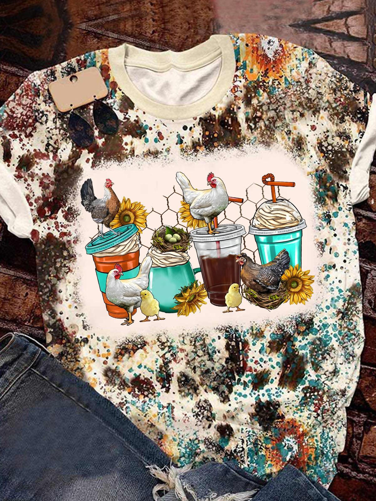 Women's Funny Chicken Coffee Cup Print Top