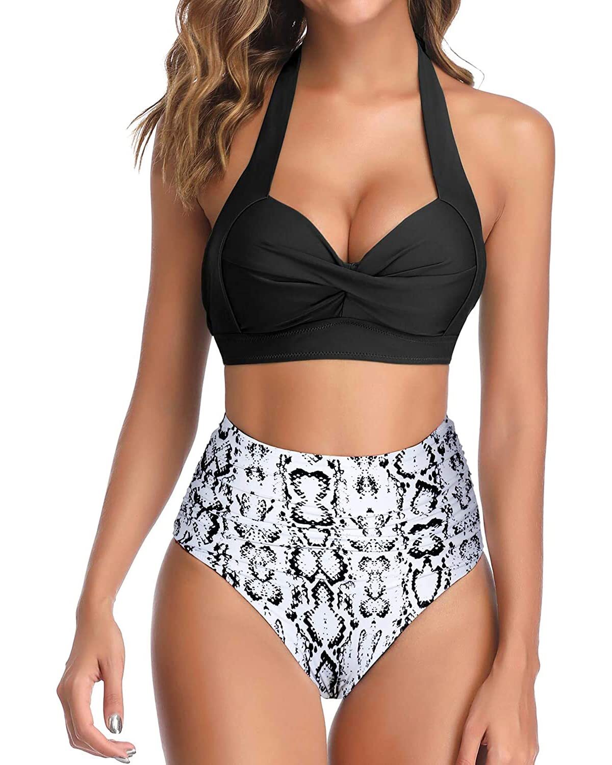 TYPE-04 Women Two Piece Vintage Swimsuit Retro Halter Ruched High Waist Bikini with Bottom