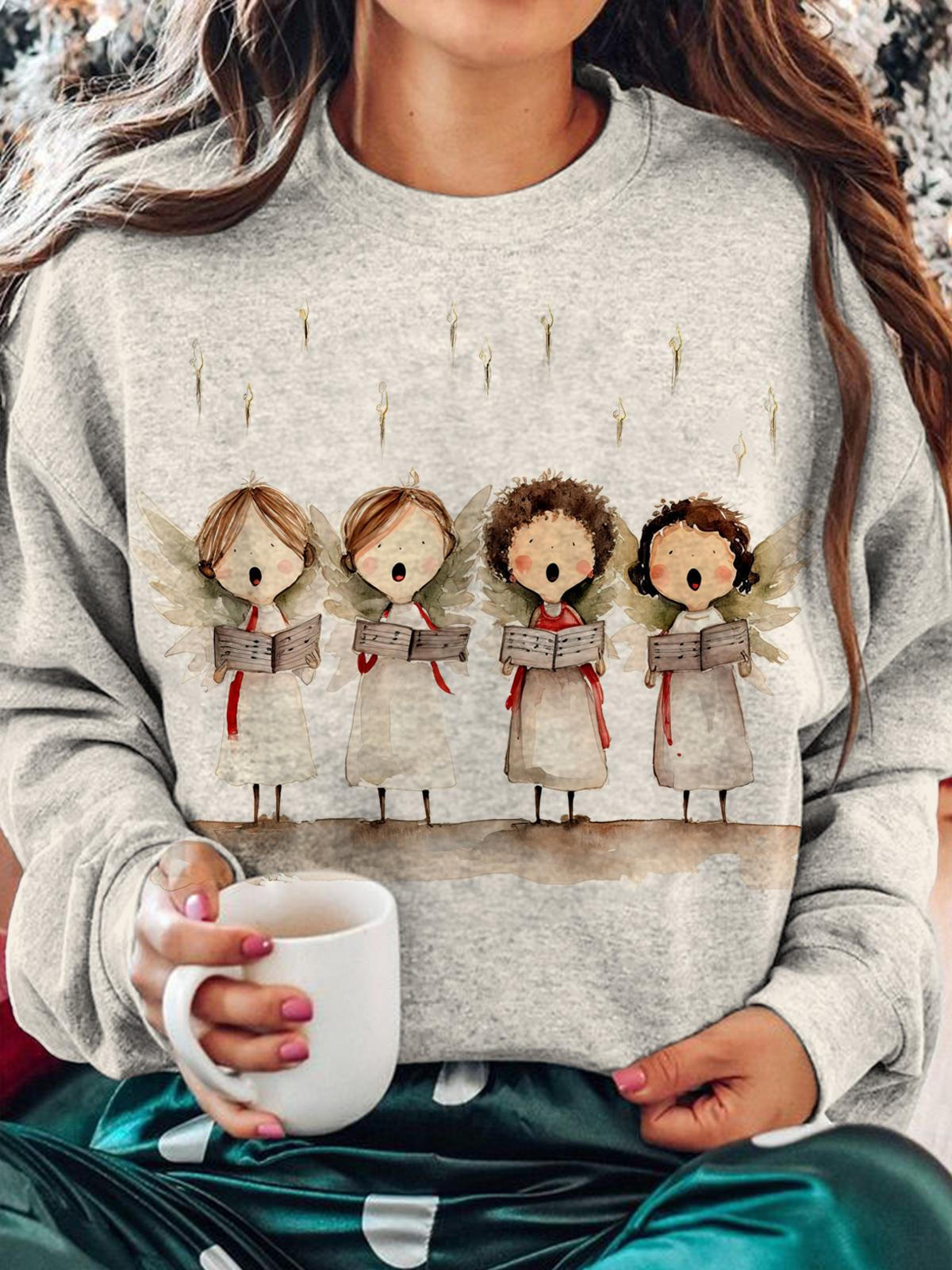 Women's Angels Singing Christmas Carols Round Neck Long Sleeve Top