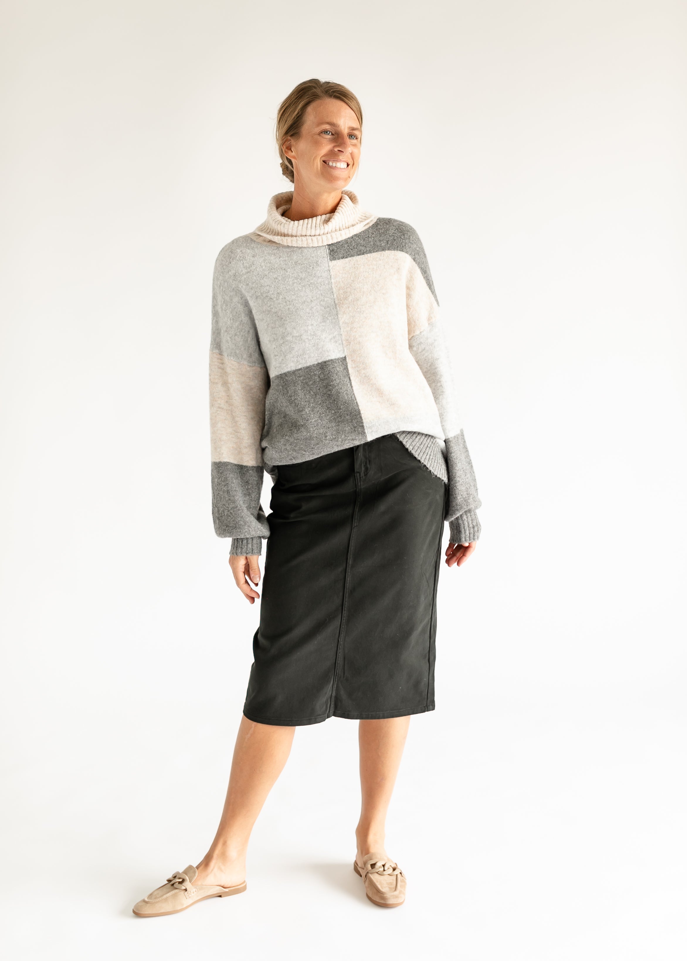 Remi Sable Black Denim Midi Skirt