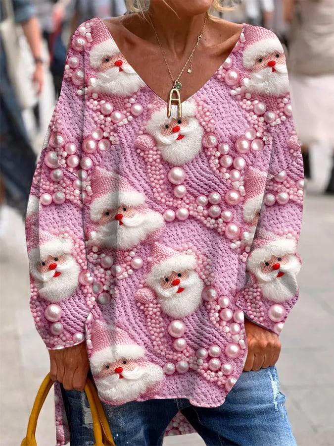 Women's Pink Santa Claus French Cashmere V-Neck Top